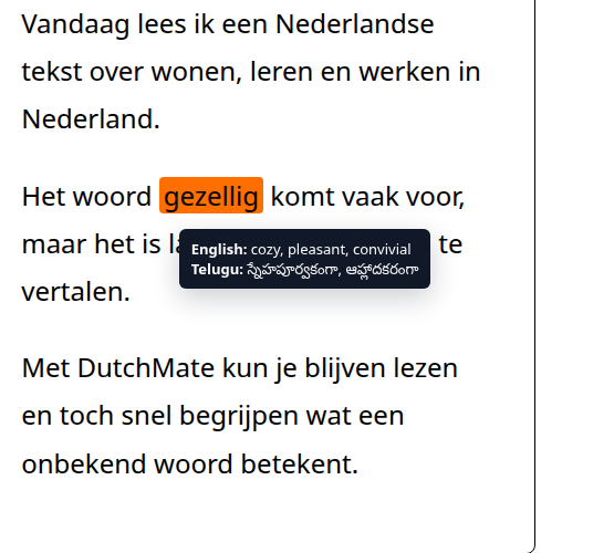 DutchMate showing English and Telugu meanings while reading a Dutch word online.