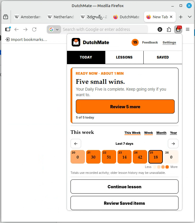 DutchMate open in Firefox over a real Dutch webpage, with the Today learning view visible.
