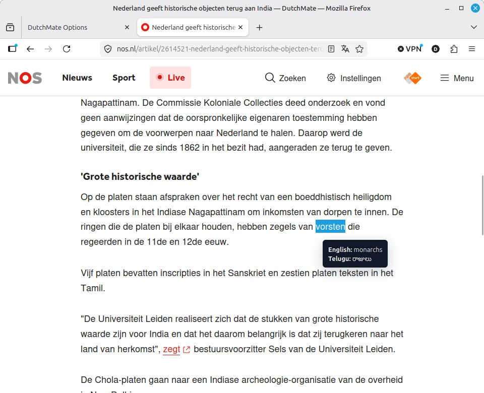 Select Dutch text to translate it in context into English and Telugu.
